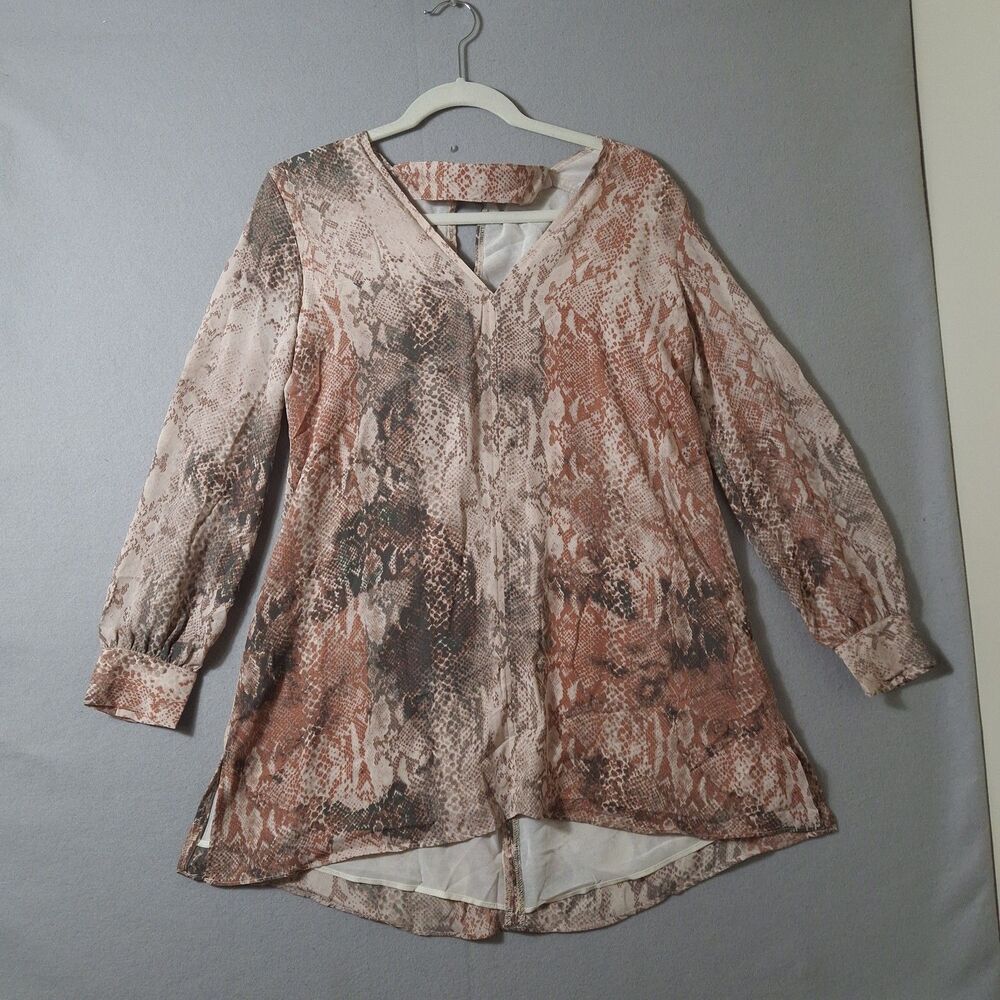 Karlie Choker V-Neck Snakeskin Animal Print Long Sleeve Blouse Top Womens Small